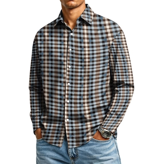 Men's Plaid Dress Shirts Long Sleeve Lapel Wrinkle Free Tee Fashion Casual Button Down Tops