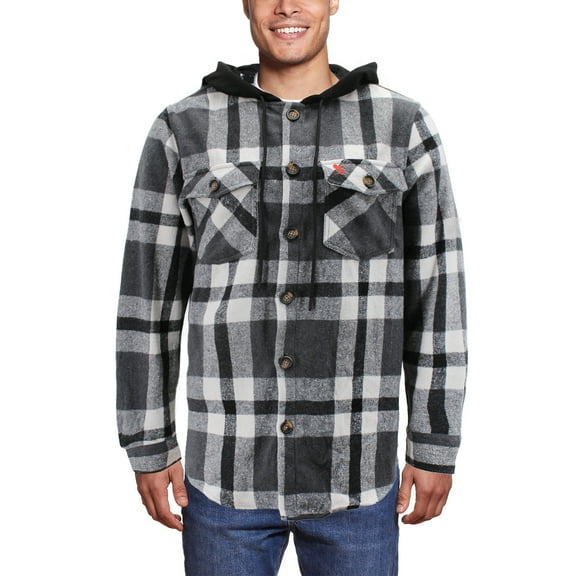 Men’s Plaid Flannel Button Up Cotton Blend Long Sleeve Hooded Shirt (Black, S)