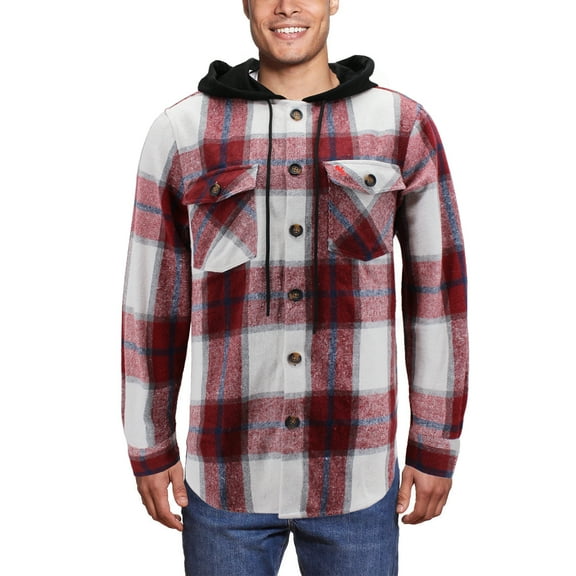 Men’s Plaid Flannel Button Up Cotton Blend Long Sleeve Hooded Shirt (Lava, L)