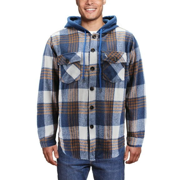 Men’s Plaid Flannel Button Up Cotton Blend Long Sleeve Hooded Shirt (Navy 7388, S)