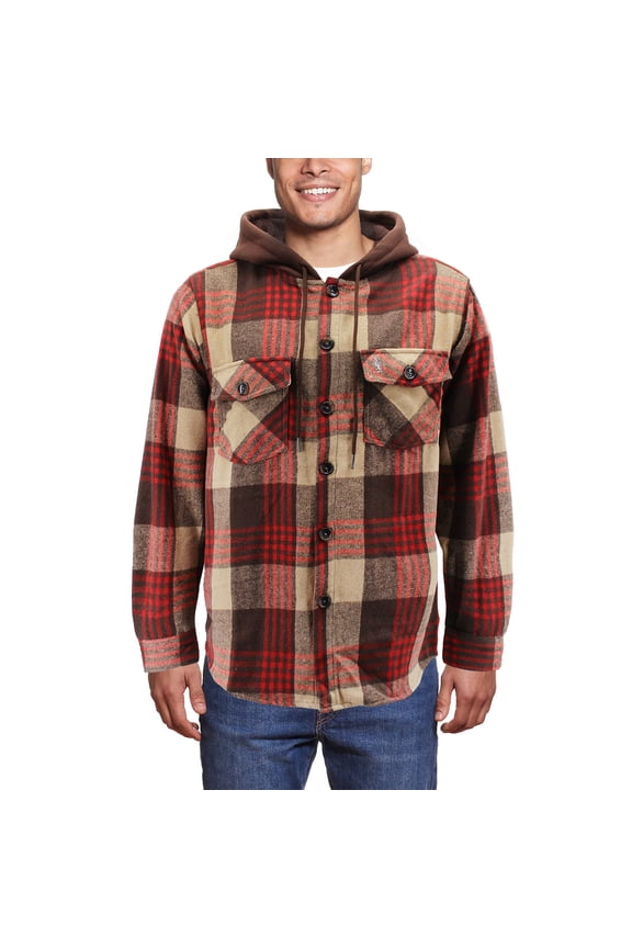 Men’s Plaid Flannel Button Up Cotton Blend Long Sleeve Hooded Shirt (Pony/Red, L)