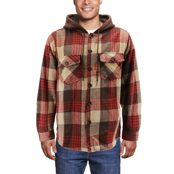 Men’s Plaid Flannel Button Up Cotton Blend Long Sleeve Hooded Shirt Pony/Red, M)