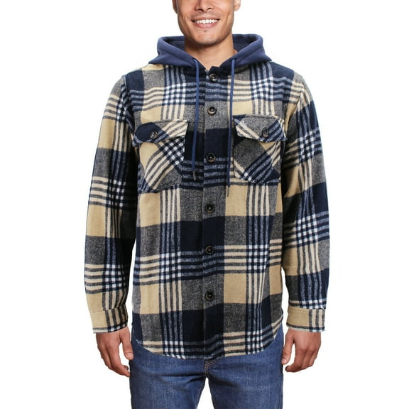 Men’s Plaid Flannel Button Up Cotton Blend Long Sleeve Hooded Shirt (Wicker/Navy, XL)