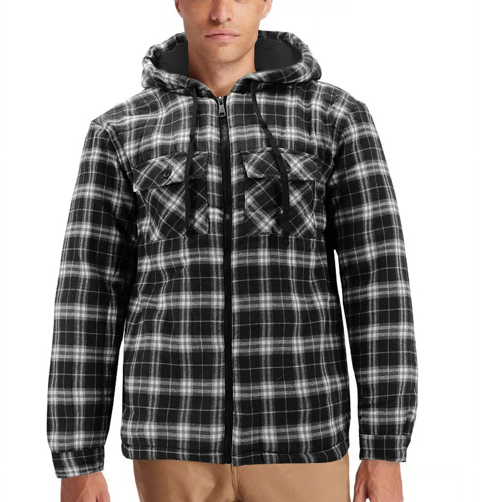 Men's Plaid Flannel Casual Warm Fleece Sherpa Lined Plaid Zip Up Hoodie