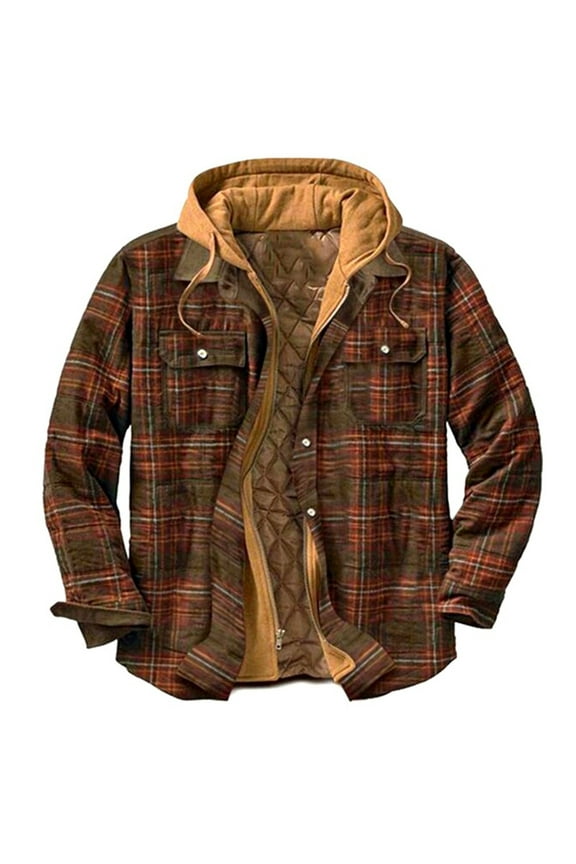 Men's Plaid Flannel Hooded Shacket Quilted Fleece Lined Insulated Jacket Long Sleeve Multi Pocket Casual Jacket