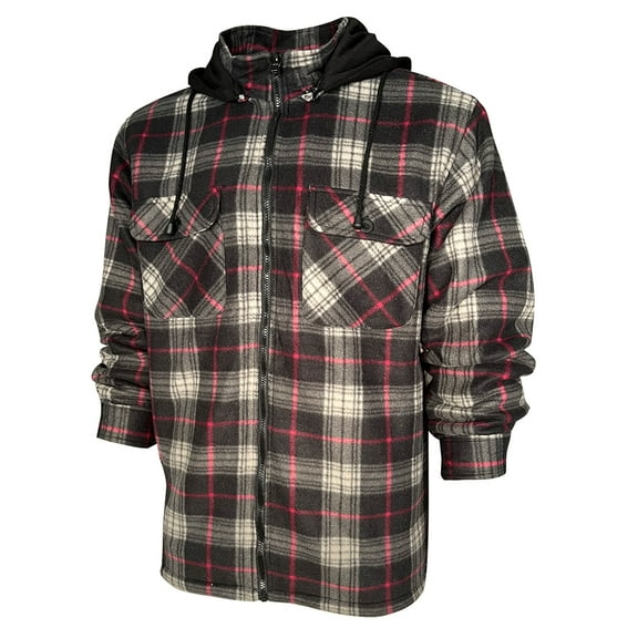 Men's Plaid Flannel Hoodie Heavy Full Zip Up Long Sleeve Warm Hooded Jacket, Blackk/Grey/Burgundy, S
