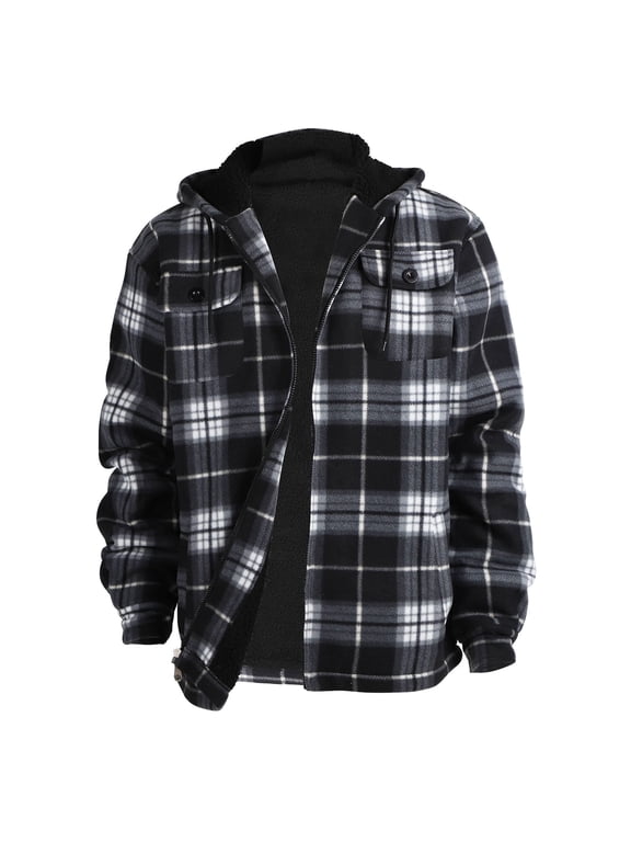 Men’s Plaid Flannel Hoodie Jacket, Sherpa Lined Full Zip Winter Flannel Jacket for Men