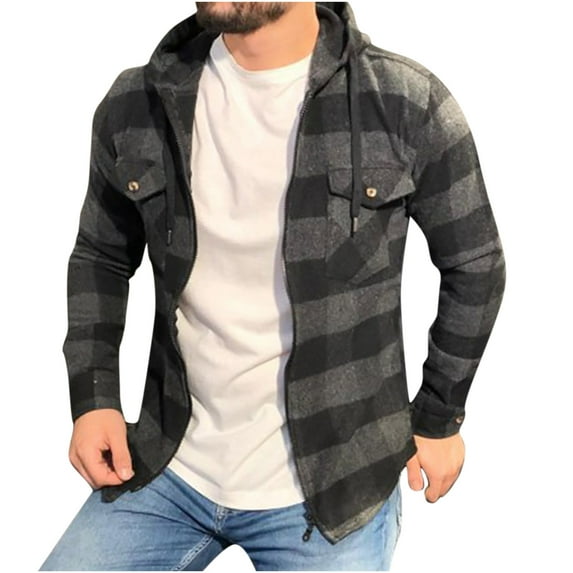 Men's Plaid Flannel Hoodie Jacket Spring Fall Casual Long Sleeve Zipper Quilted Buffalo Plaid Thermal Sweatshirt Lightweight Slim Fit Sherpa Jacket