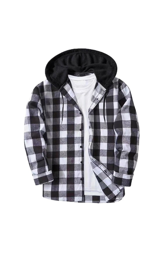 Men's Plaid Flannel Hoodie Shirts Casual Fall Lightweight Long Sleeve Button down Hooded Shacket Jacket New Outerwear for Men Gray 4XL