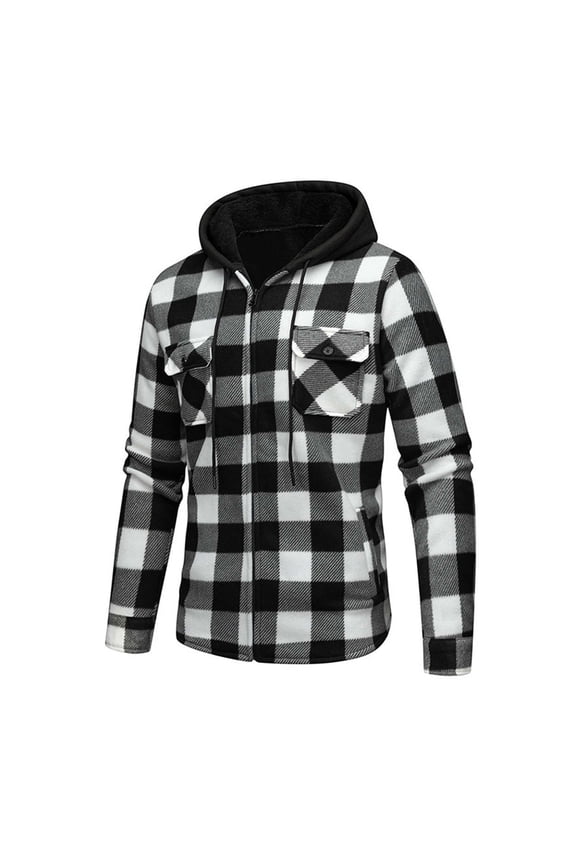 Men's Plaid Flannel Jackets Fleece Sherpa Lined Button up Hoodie Thick Warm Winter Sweatshirt Coat with Pocket (2XL, Black)