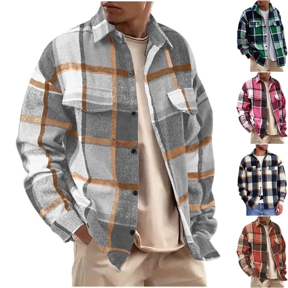 Men's Plaid Flannel Shacket Midweight Oversized Streetwear Shirt Jacket Long Sleeve Button Down Overshirt with Flap Pockets for Fall Winter, Gray, XL