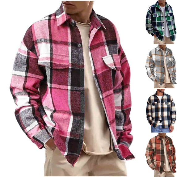 Men's Plaid Flannel Shacket Midweight Oversized Streetwear Shirt Jacket Long Sleeve Button Down Overshirt with Flap Pockets for Fall Winter, Hot Pink, S