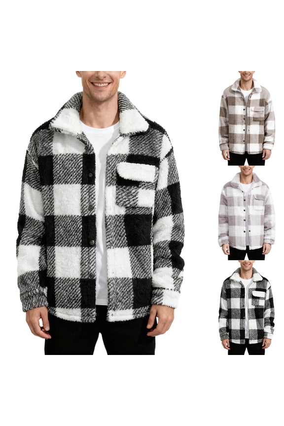 Men's Plaid Flannel Shirt Jacket with Button Down Teddy Lapel, Oversized Warm Fuzzy Fleece and Pockets for Winter Comfort, Casual Wear, and Holiday Gatherings,Light Gray,M
