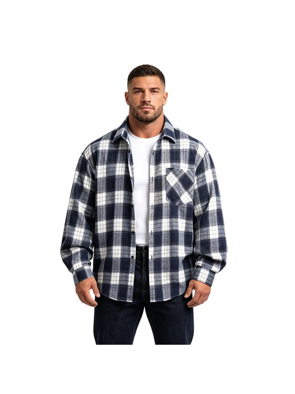 Men's Plaid Flannel Shirt Long Sleeve Casual Button Down Collared Top with Chest Pocket Buffalo Check Pattern Soft Brushed Cotton Loose Fit Big and Tall Fall Winter Everyday Wear Basic Dark Blue M