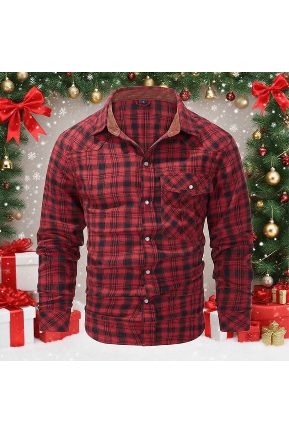 Men's Plaid Flannel Shirt Western Style Long Sleeve Button Basic Blouse Shirts Red XXL