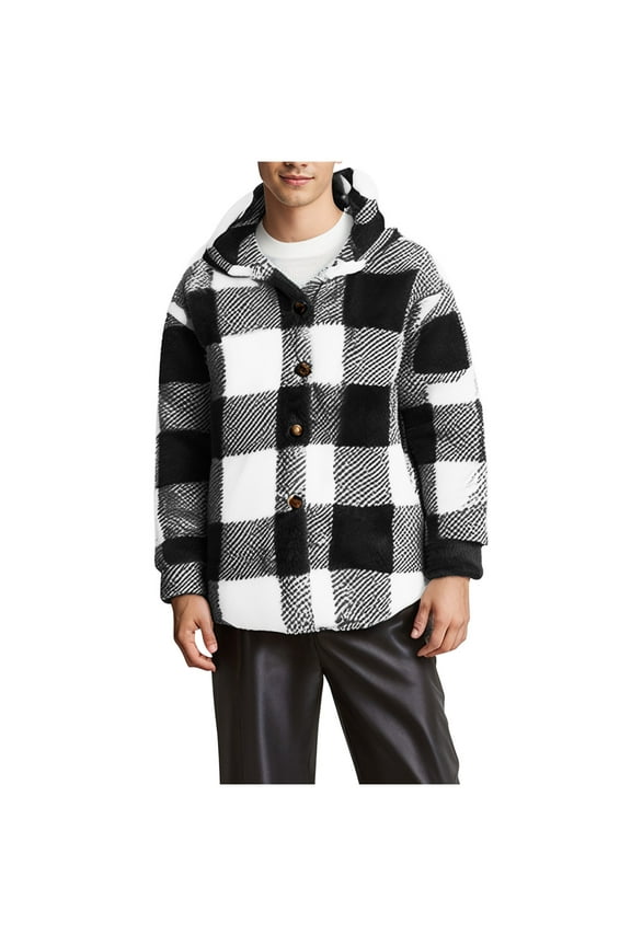 Men's Plaid Fuzzy Plush Hoodies Outerwear - Button Up Soft Fleece Long Sleeve Fall Winter Sports Coat Jackets
