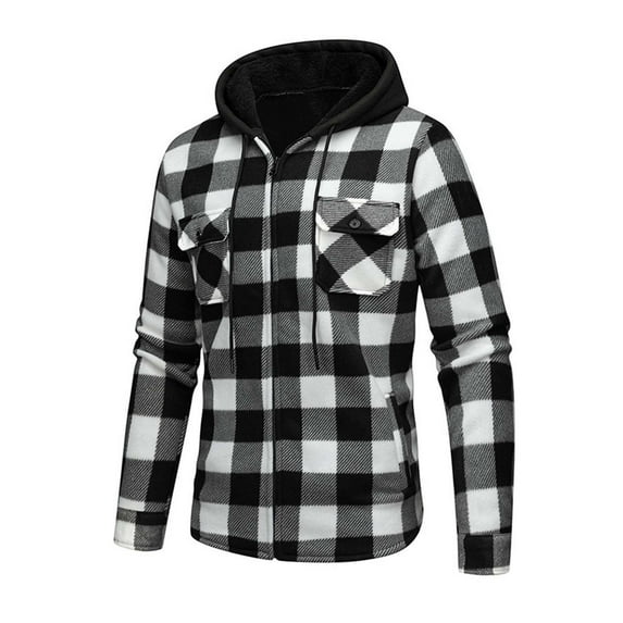 Men's Plaid Hooded Jacket Fleece Lined Long Sleeve Warm Outerwear with Flap Pockets Casual Winter Coat (S, Black)