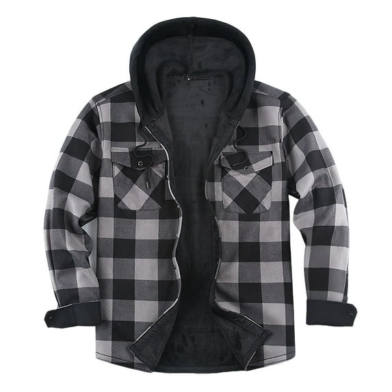 Men's Plaid Hooded Shirt Jacket Fleece Lined Thicken Long Sleeve Button Fall Winter Warm Sports Jackets Coat (L, Gray)