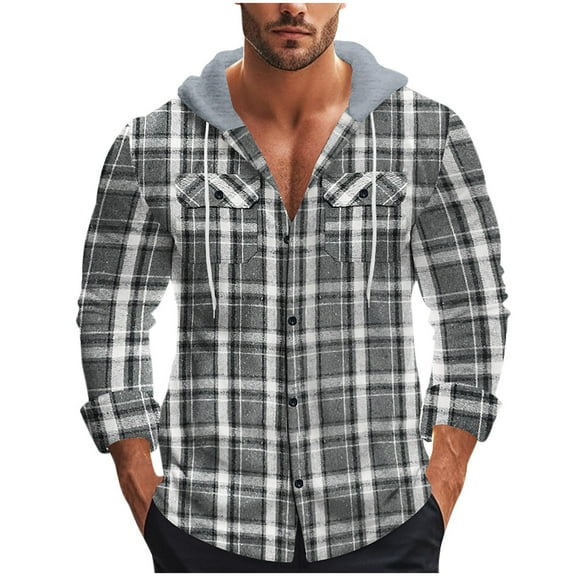 Men's Plaid Hooded Shirt Jacket Long Sleeve Button Up Drawstring Flannel Outerwear with Pockets Casual Daily Wear (M, Black)