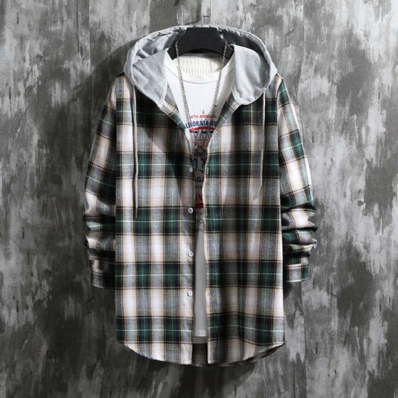 Men's Plaid Hooded Shirts Casual Long Sleeve Lightweight Shirt Jackets Versatile Hoodie Basic Classic Scottish Plaid Hooded Shirt Long Sleeve Hooded Casual Outwear Jackets