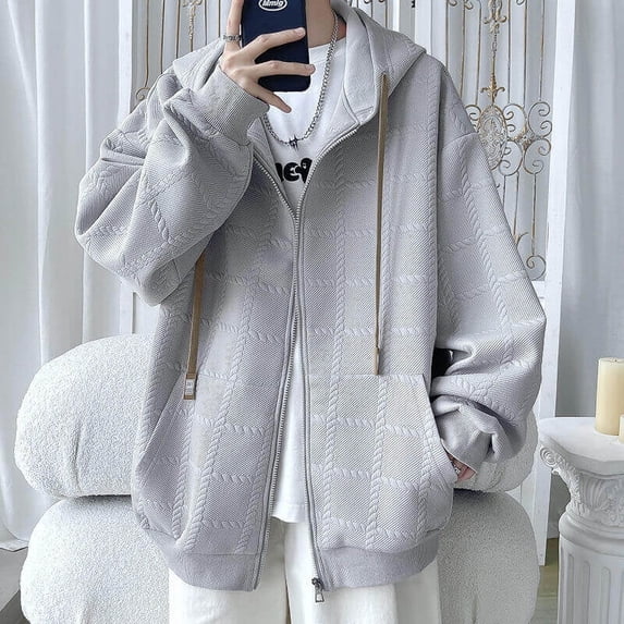 Men's Plaid Hooded Zip-Up Cardigan Sweater: Vintage Solid Color Loose Jacket (XL-3XL)