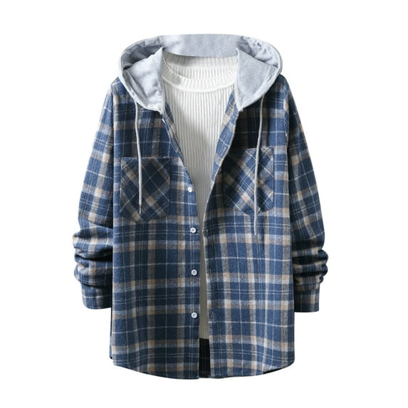 Men's Plaid Hoodie Flannel Shirt Jacket Long Sleeve Casual Fashion Button Shirts Jacket Coat with Flap Pocket