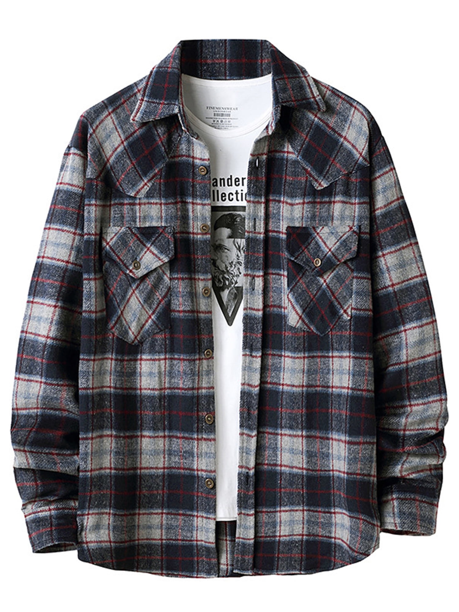 Men’s Plaid Jacket Lapel Button Flannel Long Sleeve Shirt Coat with ...