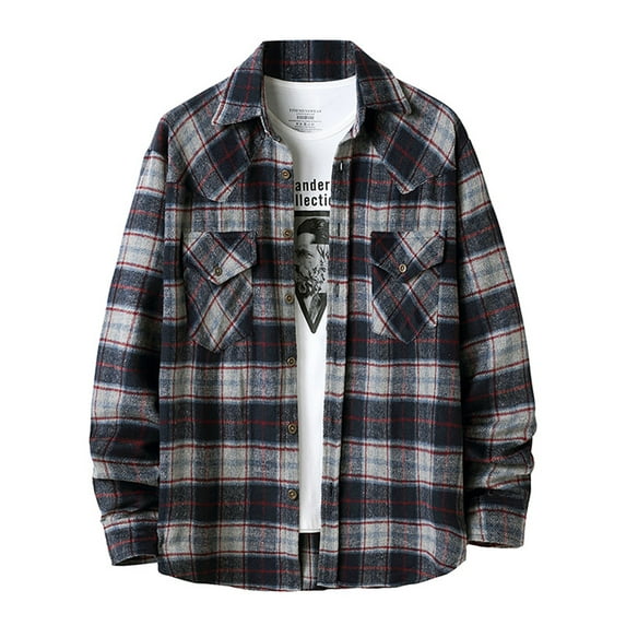 Men’s Plaid Jacket Lapel Button Flannel Long Sleeve Shirt Coat with Pockets