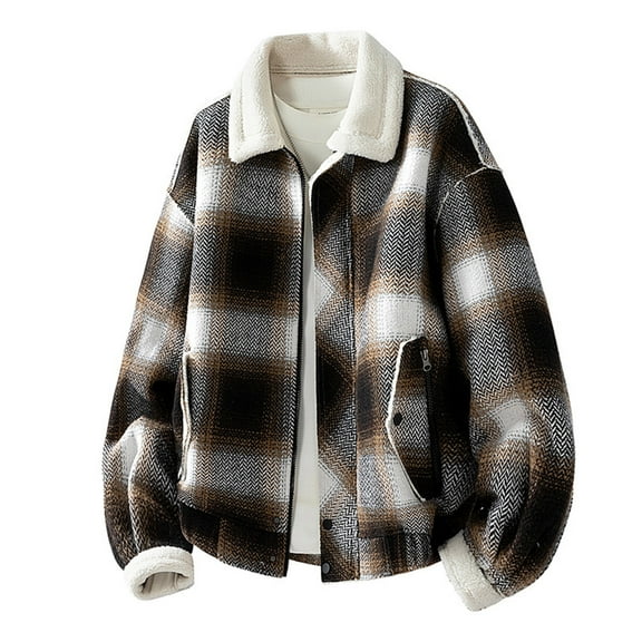 Men's Plaid Jacket Long Sleeve Stand Collar Fleece Lined Outerwear Casual Sherpa Warm Coat with Pockets for Fall Winter (XL, Coffee)