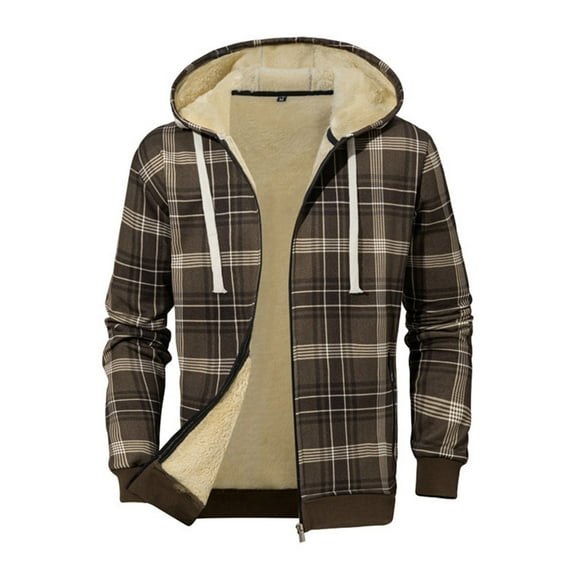 Men's Plaid Jacket, Men's Plaid Long-Sleeve Hooded Zipper Cardigan Lamb Fleece Warm Jacket Top, Men's Fleece Jacket