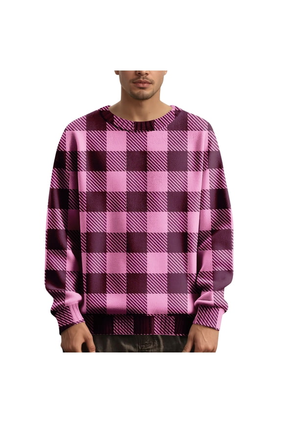 Men's Plaid Knit Sweater Long Sleeve Crew Neck Casual Pullover Top