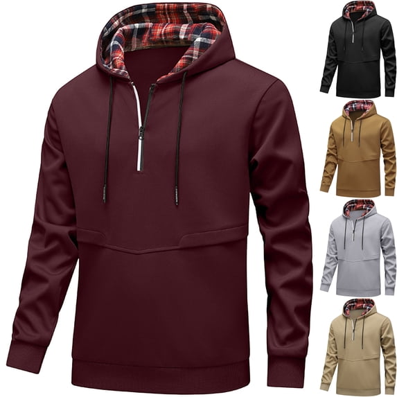 Men's Plaid Lined Hoodie 1/4 Zip Casual Streetwear Pullover Hooded Shirts Midweight Sweatshirt with Drawstring Ribbed Cuffs for Fall Winter Daily Wear, Wine, XL