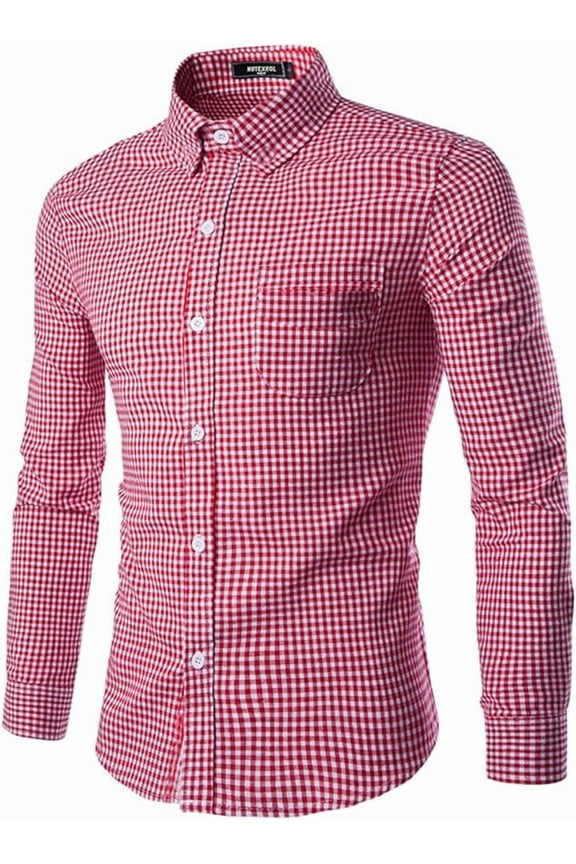 Men's Plaid Long Sleeve Casual Button Down Slim Fit Dress Shirts Red M
