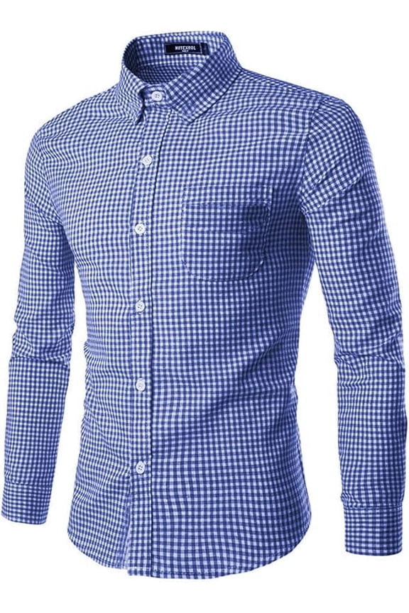 Men's Plaid Long Sleeve Casual Button Down Slim Fit Dress Shirts Royal Blue 3XL