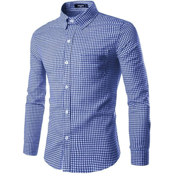 Men's Plaid Long Sleeve Casual Button Down Slim Fit Dress Shirts Royal Blue S