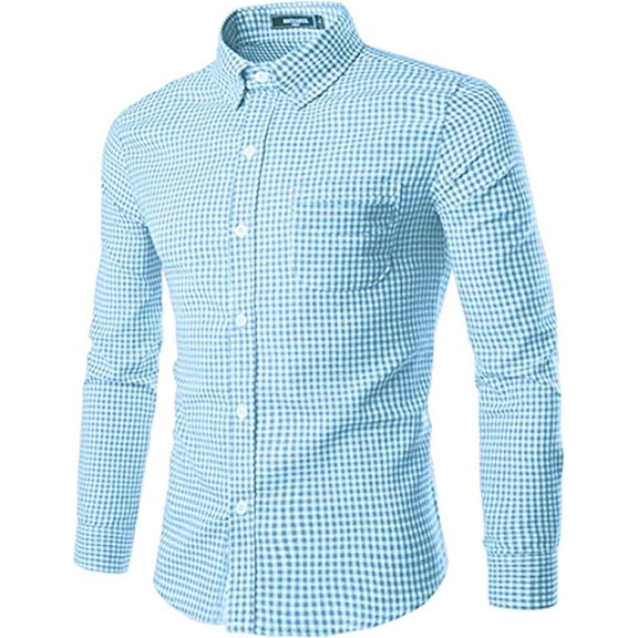 Men's Plaid Long Sleeve Casual Button Down Slim Fit Dress Shirts Sky Blue S