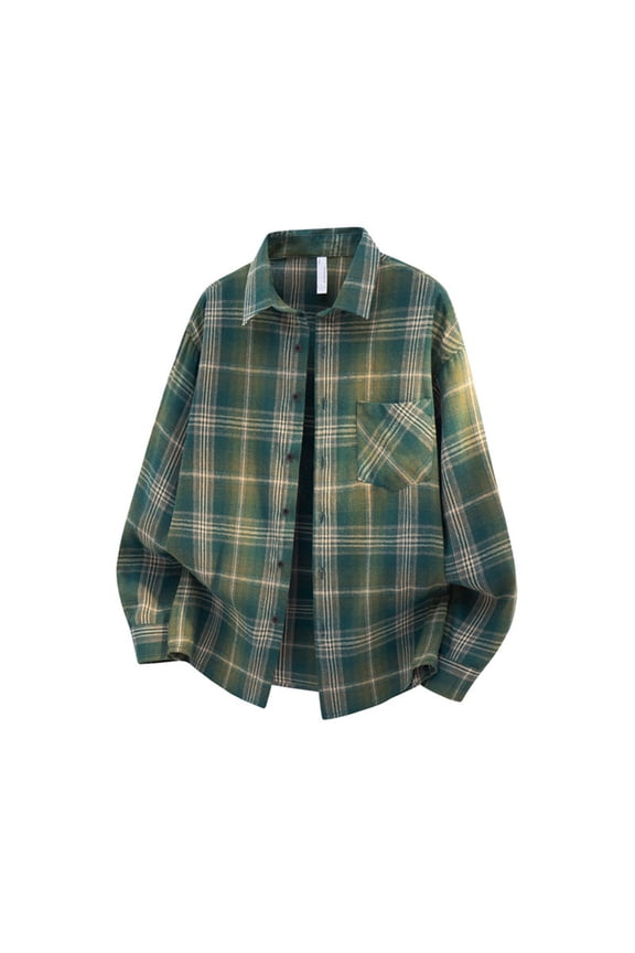 Men's Plaid Long Sleeve Casual Shirt Retro Ruffled Collar Loose Fit Button Down Top Green M