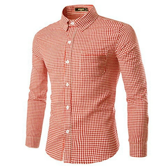 Men's Plaid Long Sleeve Cotton Casual Button Down Slim Fit Dress Shirts Orange L