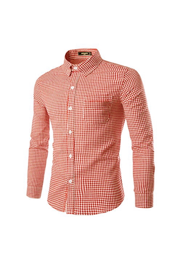 Men's Plaid Long Sleeve Cotton Casual Button Down Slim Fit Dress Shirts Orange L
