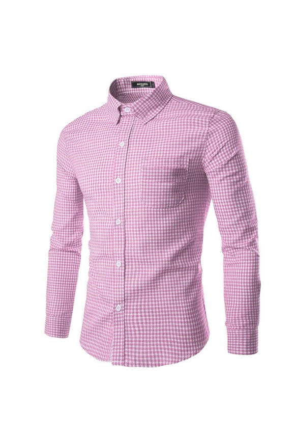 Men's Plaid Long Sleeve Cotton Casual Button Down Slim Fit Dress Shirts Pink L