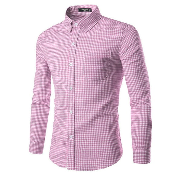 Men's Plaid Long Sleeve Cotton Casual Button Down Slim Fit Dress Shirts Pink S