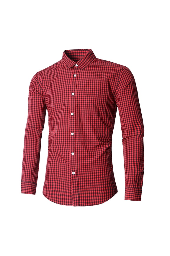 Men's Plaid Long Sleeve Cotton Casual Button Down Slim Fit Dress Shirts Red&Black XL
