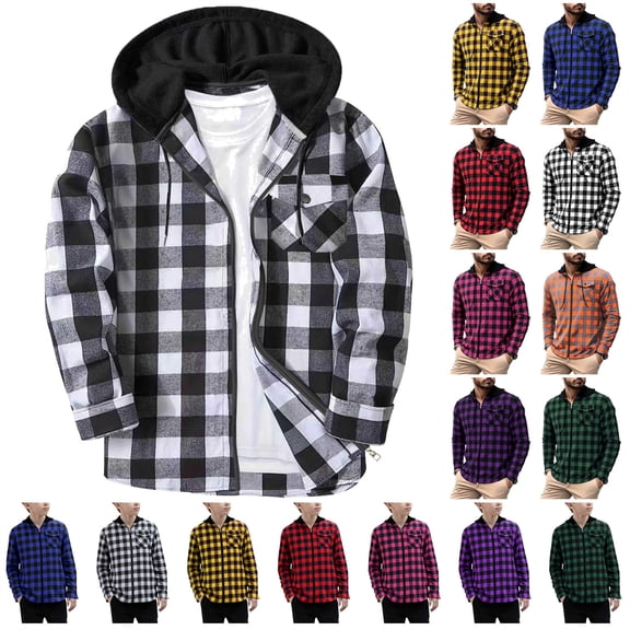 BiZtdJrK Men's Plaid Long Sleeve Hoodie Jacket Lightweight Casual Zip up Hooded Sweatshirts Fall Fashion Shacket Shirts, Red, XXXL