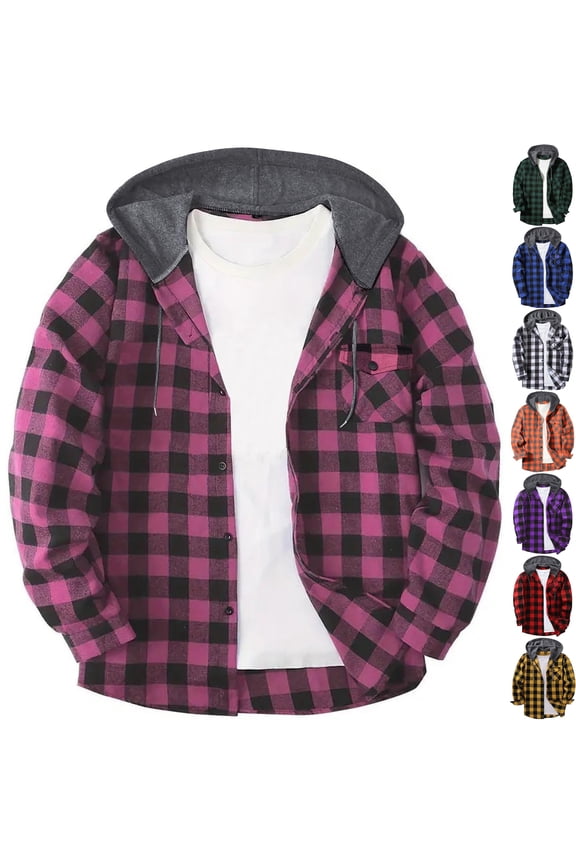 Men's Plaid Lumberjack Shacket Hooded Flannel Shirt Jacket Long Sleeve Button Down Coat Drawstring Hood Chest Pocket for Fall Layering, Hot Pink, XXXL