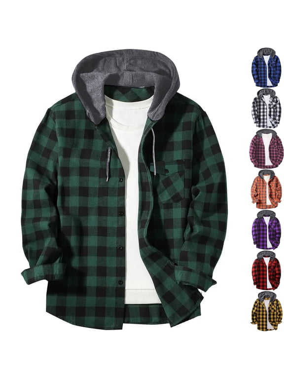 Men's Plaid Lumberjack Shacket Hooded Flannel Shirt Jacket Long Sleeve Button Down Coat Drawstring Hood Chest Pocket for Fall Layering, Army Green, L