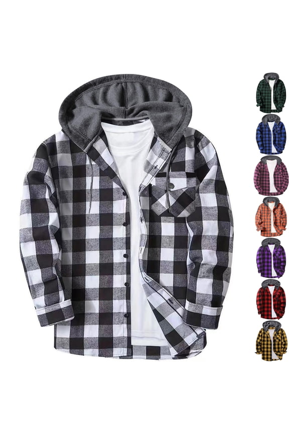 Men's Plaid Lumberjack Shacket Hooded Flannel Shirt Jacket Long Sleeve Button Down Coat Drawstring Hood Chest Pocket for Fall Layering, Gray, XXXL
