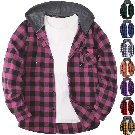 Men's Plaid Lumberjack Shacket Hooded Flannel Shirt Jacket Long Sleeve Button Down Coat Drawstring Hood Chest Pocket for Fall Layering, Hot Pink, XL