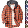 thumbnail image 1 of Men's Plaid Lumberjack Shacket Hooded Flannel Shirt Jacket Long Sleeve Button Down Coat Drawstring Hood Chest Pocket for Fall Layering, Orange, L, 1 of 4