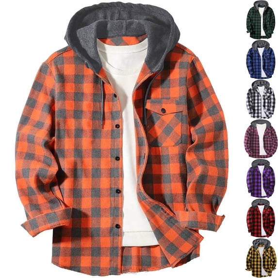 Men's Plaid Lumberjack Shacket Hooded Flannel Shirt Jacket Long Sleeve Button Down Coat Drawstring Hood Chest Pocket for Fall Layering, Orange, L