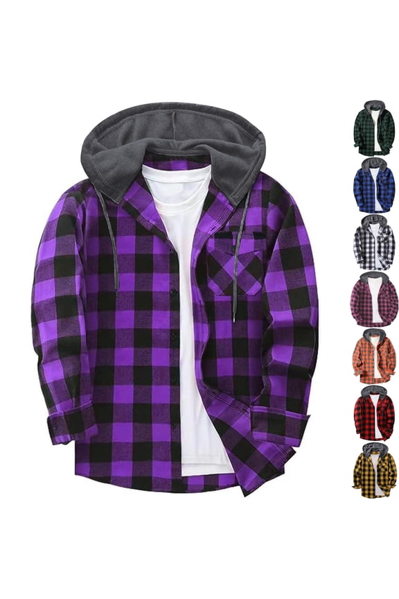 Men's Plaid Lumberjack Shacket Hooded Flannel Shirt Jacket Long Sleeve Button Down Coat Drawstring Hood Chest Pocket for Fall Layering, Purple, M